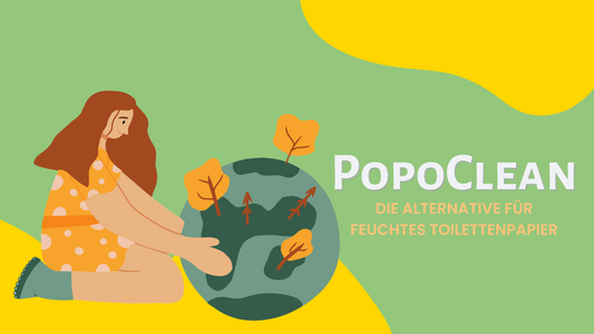 Frau neben Erde aufpassend und Popoclean als Alternative für feuchtes Toilettenpapier Schrift