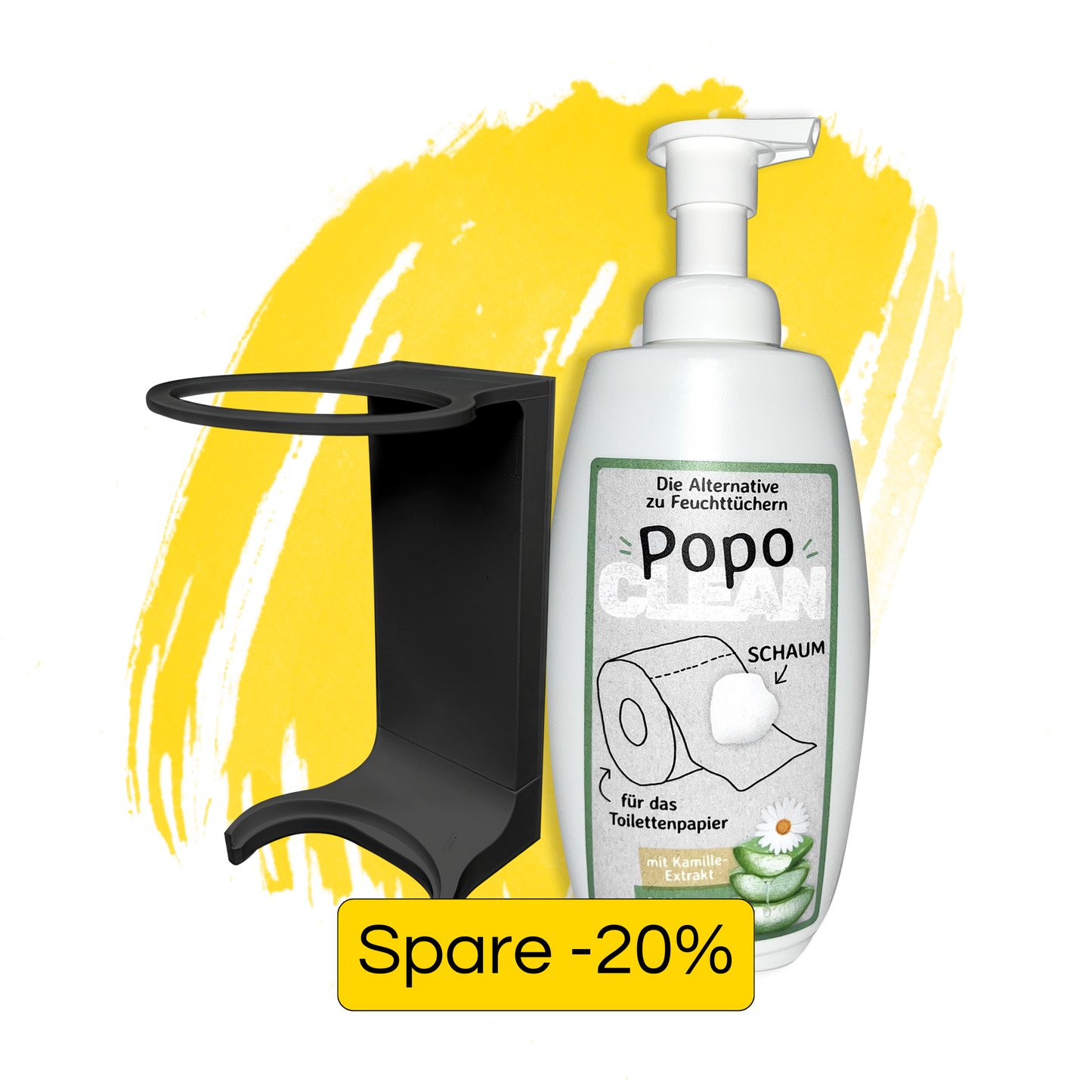 Ein schwarzer PopoClean Halter und eine 300ml PopoClean Schaum Flasche vor einem gelben Hintergrund