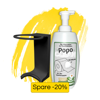 Ein schwarzer PopoClean Halter und eine 300ml PopoClean Schaum Flasche vor einem gelben Hintergrund