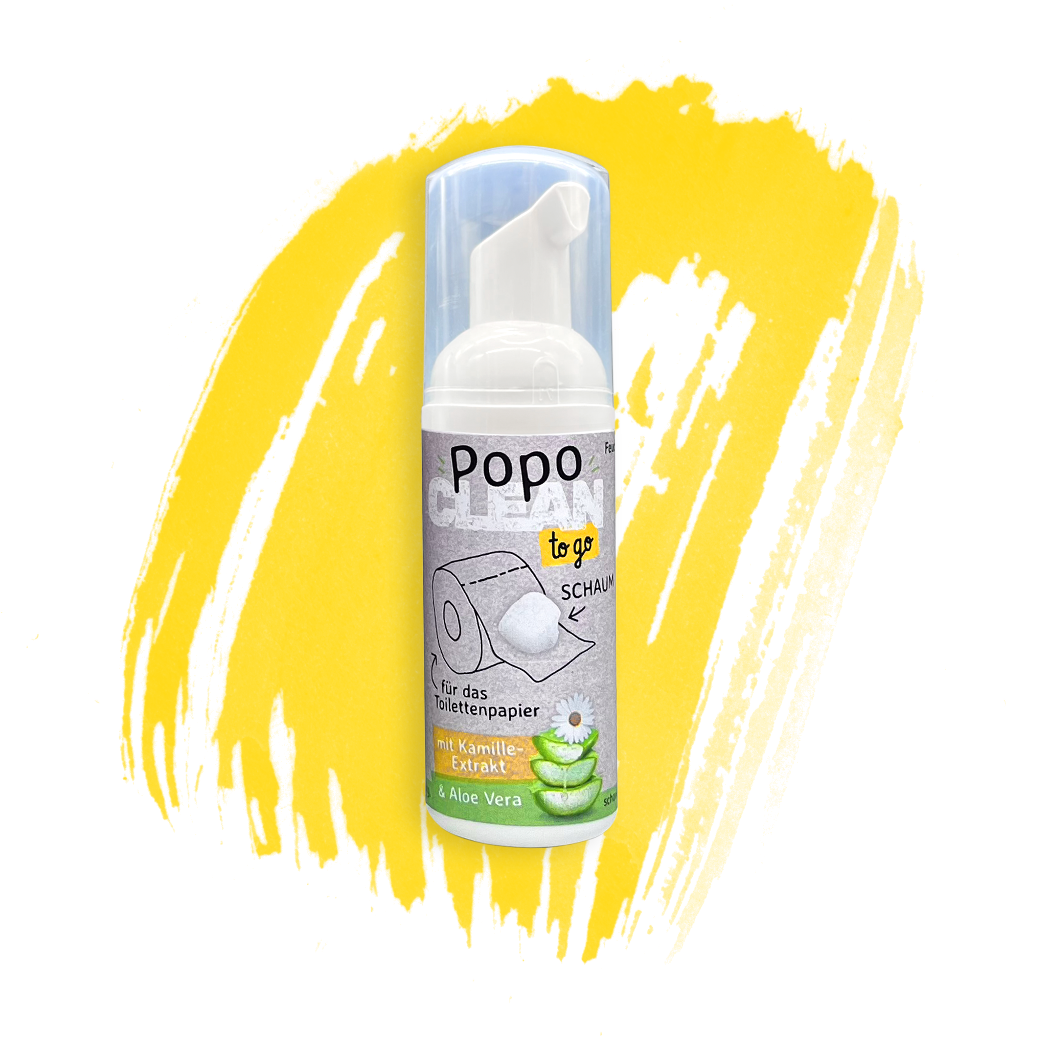 Die 50ml große PopoClean to go Flasche vor einem gelben Hintergrund