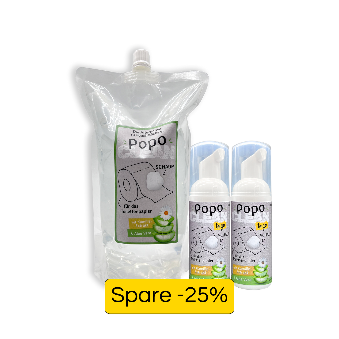 Ein PopoClean Nachfüllbeutel und zwei PopoClean to go Produkte